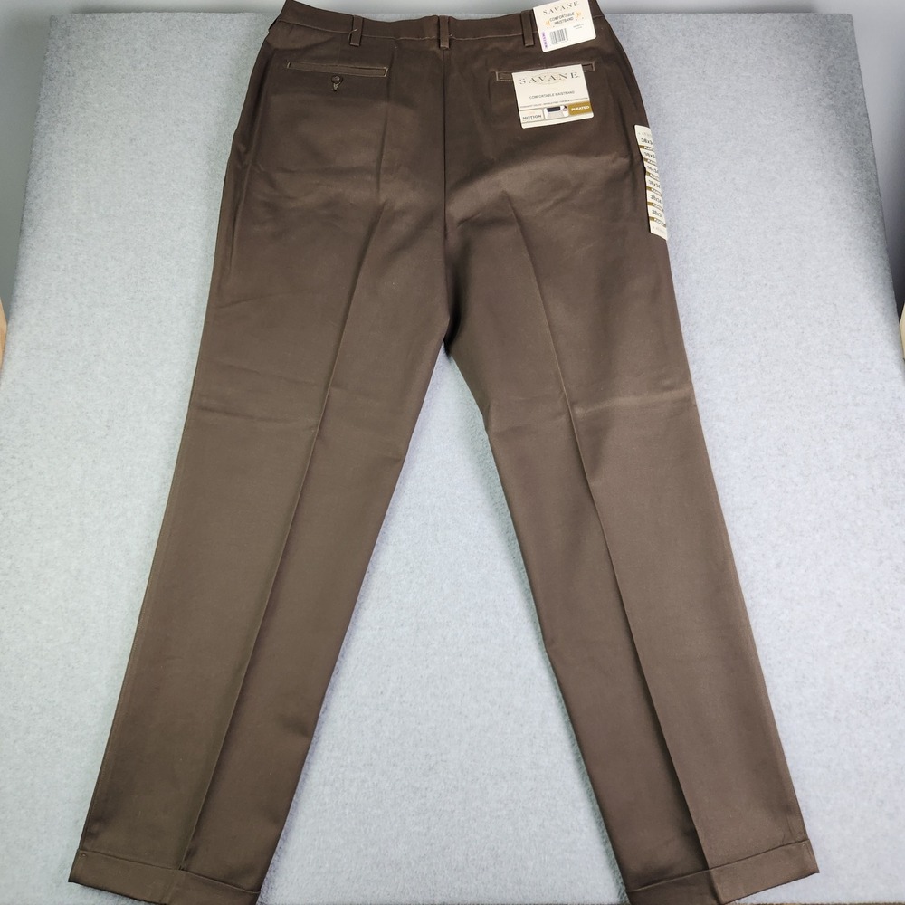 Savane Dress Pants Mens 38x34 Mocha Brown Pleated Front Motion Waistband Cuffed
